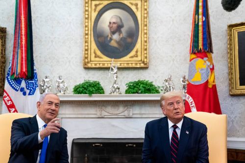 President Donald Trump and Prime Minister of Israel Benjamin Netanyahu participate in a meeting in the Oval Office of the White House on September...