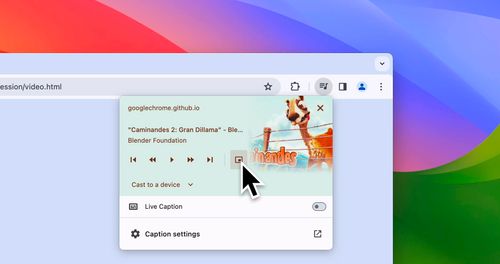 Chrome 浏览器中的媒体控件，光标位于画中画用户控件上。