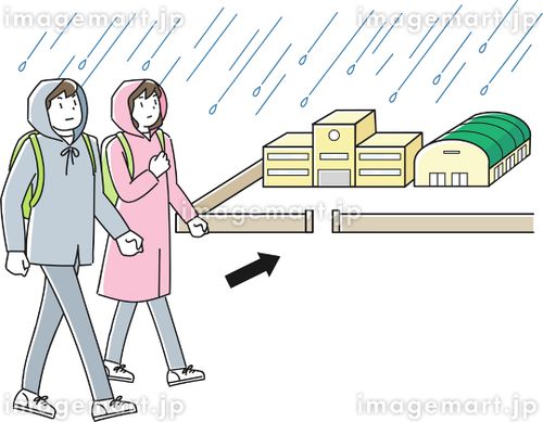 水害に備えて避難場所へ向かう人々 リュックサック,カップル,公共施設のイラスト素材