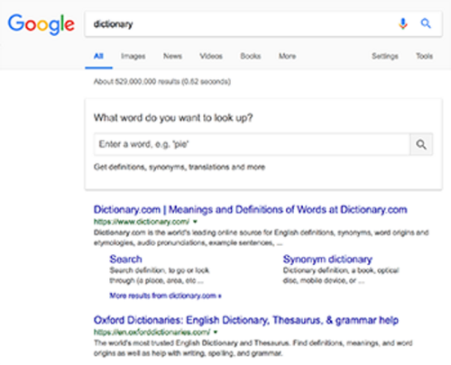 Google Dictionary service on Google Search