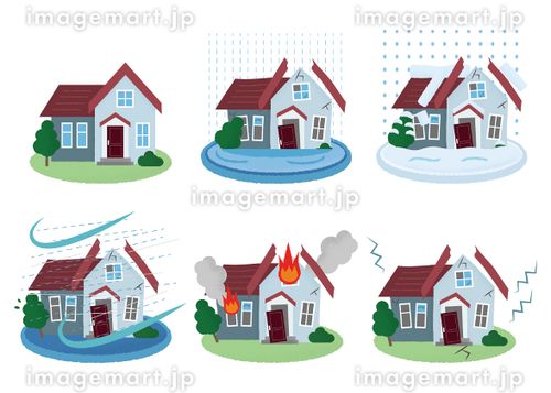 災害に遭う住宅のベクターイラストセット　水害・雪害・台風・火災・地震 住宅ローン,地震保険,損害保険のイラスト素材