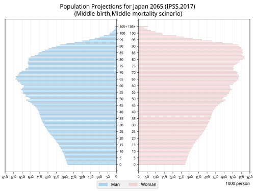 Population Pyramids of Japan 2065. (Middle-birth, Middle-death scenario case)