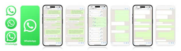 WhatsApp mockup on a white background. Social network interface template. WhatsApp social media. Voice messages and chats on the iphone screen.
