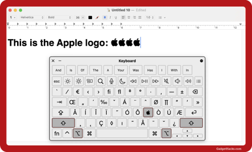 Mac desktop showing TextEdit with the Apple logo typed three times, plus the macOS virtual keyboard highlighting the Shift, Option, and K keys.