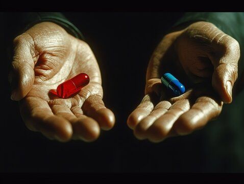 Decision concept, Hands offering choice between red and blue pill representing matrix dilemma