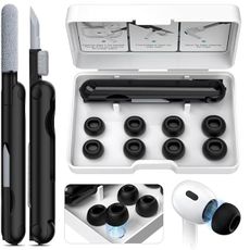 Air Pods Pro 2nd Generation/1st Generation Earbuds (8 Earbud mounting Slots with Noise-canceling Holes and Built-in dust mesh), USB-C Charging Cradle, and Cleaning kit. 4 Pairs (XS/S/M/L), Black