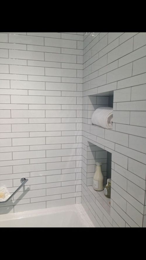 Nice subway tile pattern | Grey grout bathroom, White tiles grey grout, White subway tile bathroom