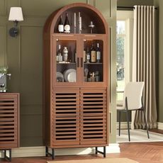 Vabches 78.4" H Arched Cabinet with LED Lights, Mid Century Modern Pantry Cabinet with Tempered Glass & Slatted Doors, Kitchen Hutch for Dining Room, Living Room, Entryway Tall Bookshelf (Walnut)