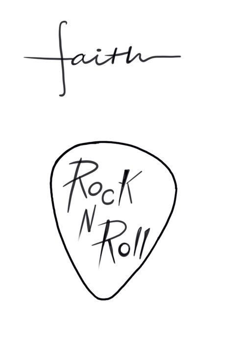 a drawing of a guitar pick with the words faith and rock n roll written on it