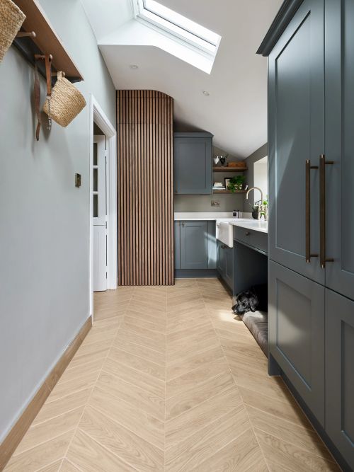Wood panel door in utility room
