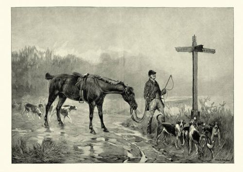 lost huntsman with his horse and hounds, victorian 19th century - fox hunting painting stock illustrations