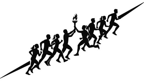 Diverse group of runners passing a flaming torch uphill, symbolizing teamwork and victory.
