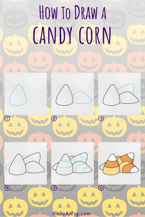 Step by step images demonstrating how to draw a candy corn drawing - A Drawing Lesson for Kids!