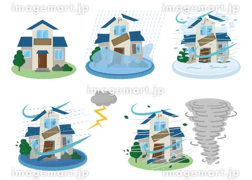 災害に遭う住宅のベクターイラストセット　水害・雪害・雷雨・竜巻 住宅ローン,地震保険,損害保険のイラスト素材