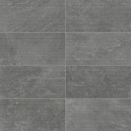 Porcelain tile in a 12x24 format, featuring a deep grey tone with a chiseled texture, ideal for adding bold character to modern spaces.