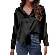 Nantdog 2024,Prime+Deals October 11-12,My+Orders, Womens Soft Satin Silk Button Down Shirts for Women Silky Long Sleeve Work Shirt Dress Blouses Fall Fashion Tops 2024,Black,Small