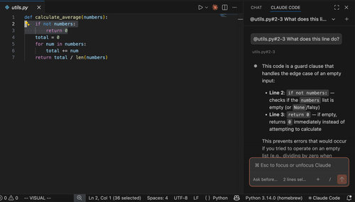 VS Code 编辑器，Python 文件中的第 2-3 行被选中，Claude Code 面板显示关于这些行的问题，带有 @-提及引用