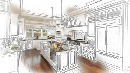 Photo modern kitchen design with 3d rendering and pencil sketch overlay