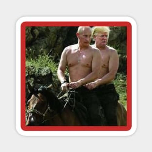 putin and trump shirtless horseback riding together meme Magnet