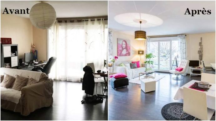 image montrant deux photos de décoration d'intérieur : une avant et l'autre après la mise en oeuvre du concept de home staging