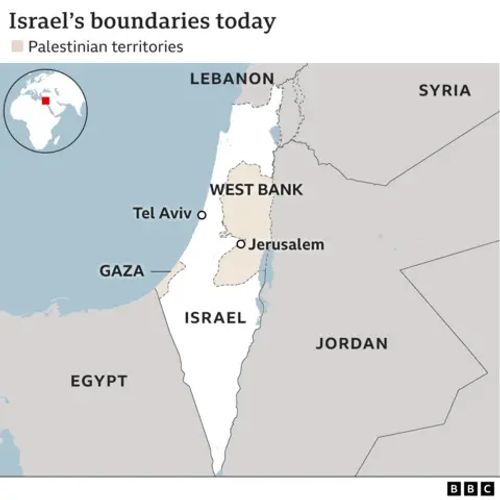 Map showing Israel's boundaries today and Palestinian territories