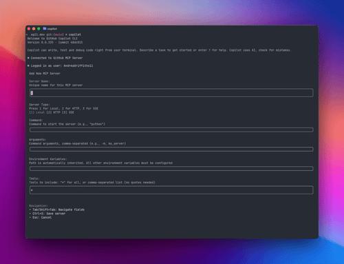 A terminal window showing the GitHub Copilot CLI interface where a user is adding a new MCP (Model Context Protocol) server. The screen includes input fields for server name, type (Local, HTTP, or SSE), command, arguments, environment variables, and tools to include. The interface indicates the user is logged in as “Andrea@Griffiths11” and offers navigation shortcuts for saving or canceling.