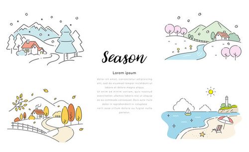 ベクターイラスト素材：春夏秋冬の風景、景色、セット