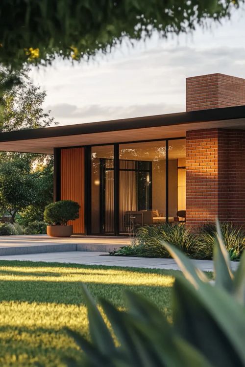 House exterior mid century modern featuring stacked bond brick pattern, expansive windows, and wood siding contrast in golden hour light