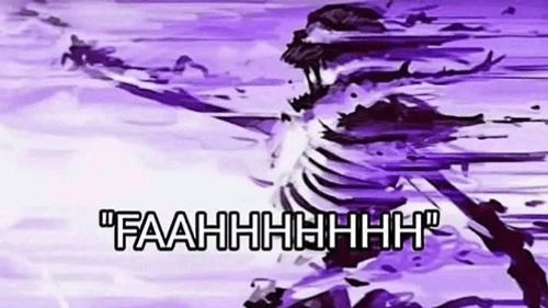 a purple painting of a skeleton with the words `` faahhhhh '' written in white letters .