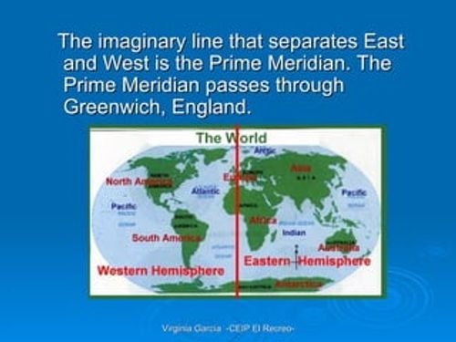 The imaginary line that separates East and West is the Prime Meridian. The Prime Meridian passes through Greenwich, England.