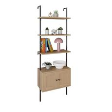 happimess MSH1002B Tulare 72.05" MidCentury Industrial 4-Shelf Wood Wall-Mounted Open Ladder Bookcase with Cabinet and Metal Frame, Light Oak/Black