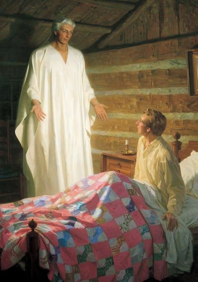 A painting by Tom Lovell, “Moroni Appears to Joseph Smith in His Room,” depicts what happened on the night of Sept. 21, 1823.