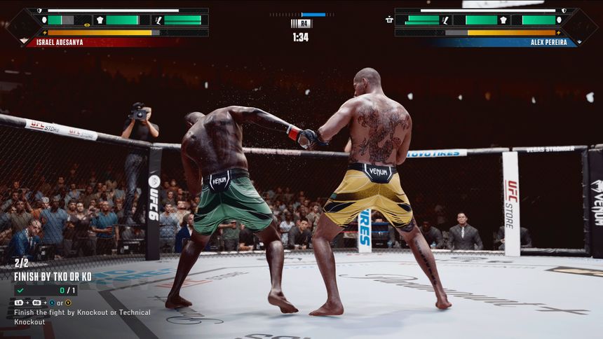 Two fighters exchange punches in the UFC octagon, with HUD health bars, a '1:34' round timer, and a '2/5 - FINISH BY TKO OR KO' objectives panel.