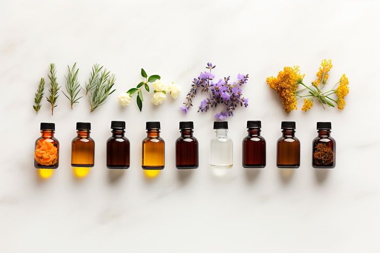 Photo top view essential oils artfully arranged on a white stone tableperfect for promoting aromatherapy
