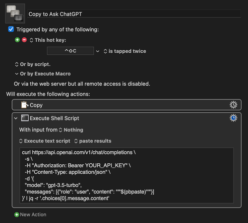 在 Keyboard Maestro 中执行 Curl 命令使用 ChatGPT