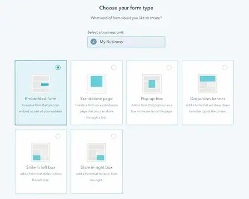 web form instructions: hubspot, select form type