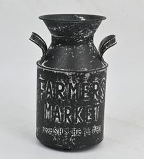 Vintage Black Farmers Market Metal Milk Can Vase, Rustic Farmhouse Decorative Flower Jug with Dual Handles, Distressed Pitcher for Indoor Outdoor Home Decor, Floral Arrangements