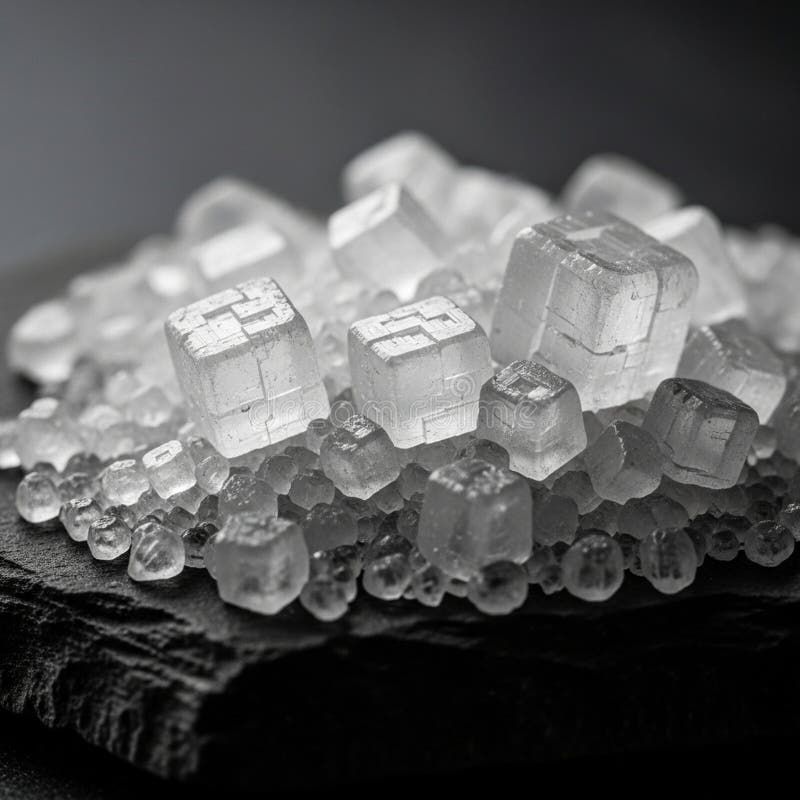 Des cristaux de sel translucides à structure cubique et géométrique sont disposés sur une surface sombre et texturée. Les cristaux illustration de vecteur