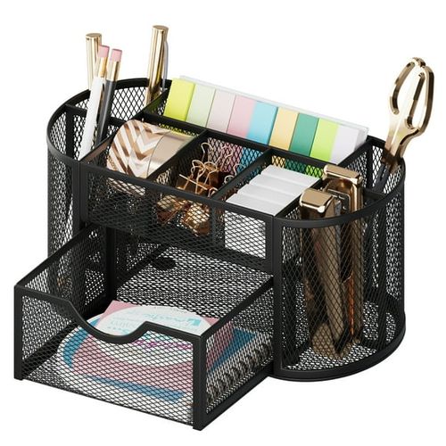 GARITIN Desk Organizer, Pen Holder with Drawers Pencil Holder for Desk Mesh Office Supply Organizer and Storage, Black