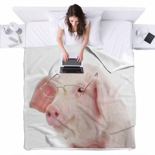 Portrait Of A Pig In Glasses Fleece Bed Cover