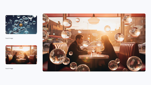 AI-generated image of: a side-by-side comparison showing image merging. On the left are two separate input images: one of floating glass-like bubbles and the other of a couple sitting in a retro diner booth at sunset. On the right, the generated output merges the scenes, showing the couple in the diner surrounded by numerous large, reflective bubbles floating around them.