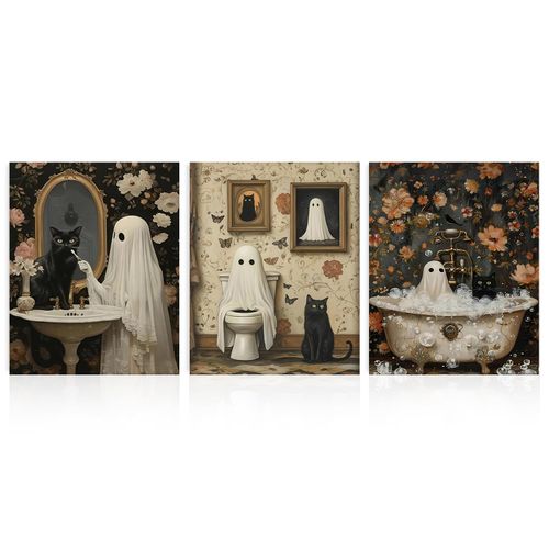 Dazzlewall 3Pcs Vintage Ghost Wall Art Print, Halloween Ghost & Black Cat Bathroom Artwork Print Creepy Horror Dark Academ...