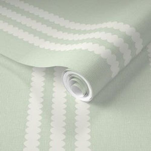 Pastel mint green and white triple vertical bubble stripe wallpaper with printed crosshatch burlap woven texture for a preppy nursery