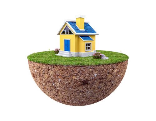 Floating land with small house and lawn isolated on white background, 3d rendering. House lawn illustrations