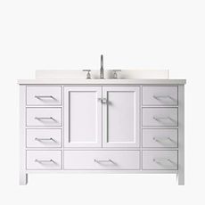 ARIEL DKB Beckford 54-Inch White Bathroom Vanity with 1.5-Inch Pure White Quartz Countertop & Backsplash, Center Rectangular Sink, 2 Soft Closing Doors, 9 Dovetail Drawers, Satin Brass
