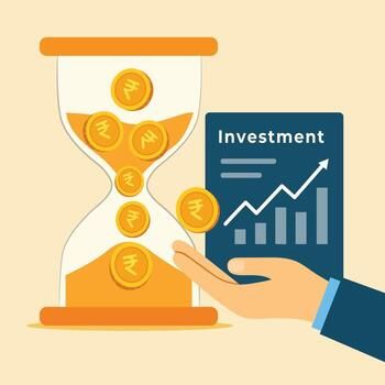 Hourglass with Rupee coins flowing into a chart labeled Investment, showing financial growth over time vector