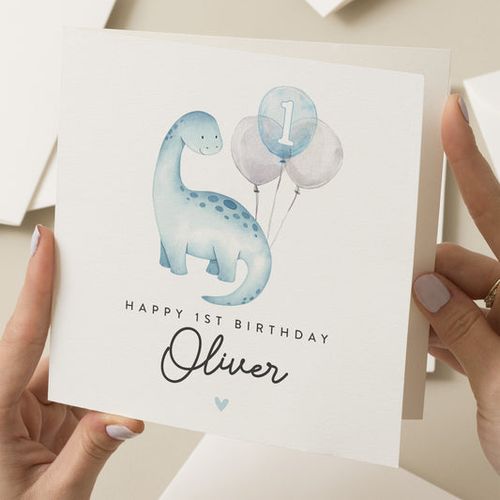 Baby Boy First Birthday Card For Grandson, Dinosaur Birthday Card for Nephew, First Birthday Little Brother, Son 1st Birthday, Blue Balloons