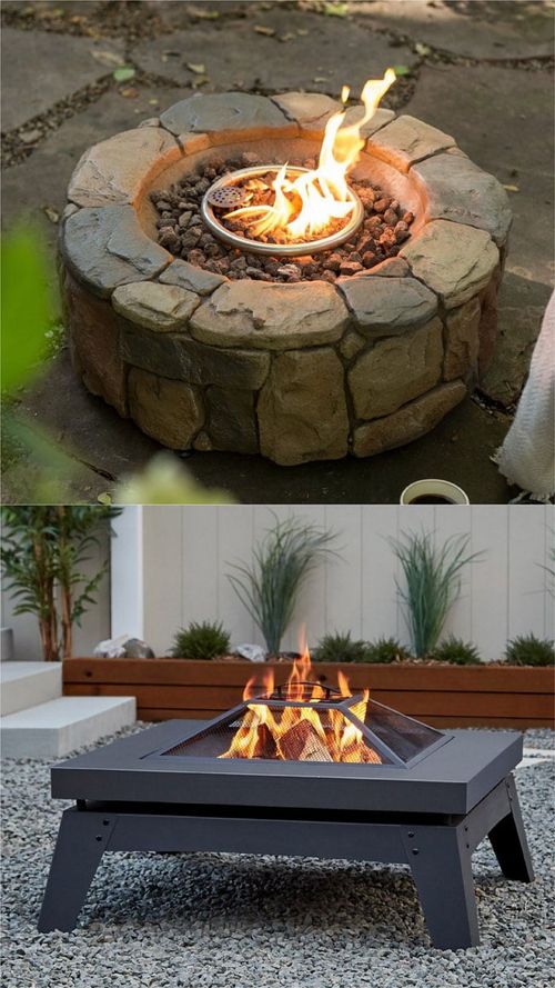 round fire pit table with a decorative rock base