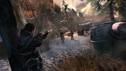 A dramatic scene from Assassin's Creed: Rogue, featuring an assassin aiming a weapon in a snowy landscape with distant characters and detailed natural surroundings. HD wallpaper quality.