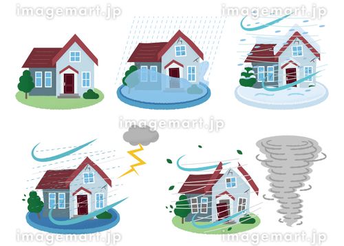 災害に遭う住宅のベクターイラストセット　水害・雪害・雷雨・竜巻 住宅ローン,地震保険,損害保険のイラスト素材